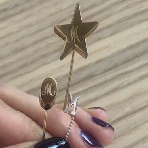 VINTAGE "M" Monogrammed gold star, oval and silver straight pin set of 3